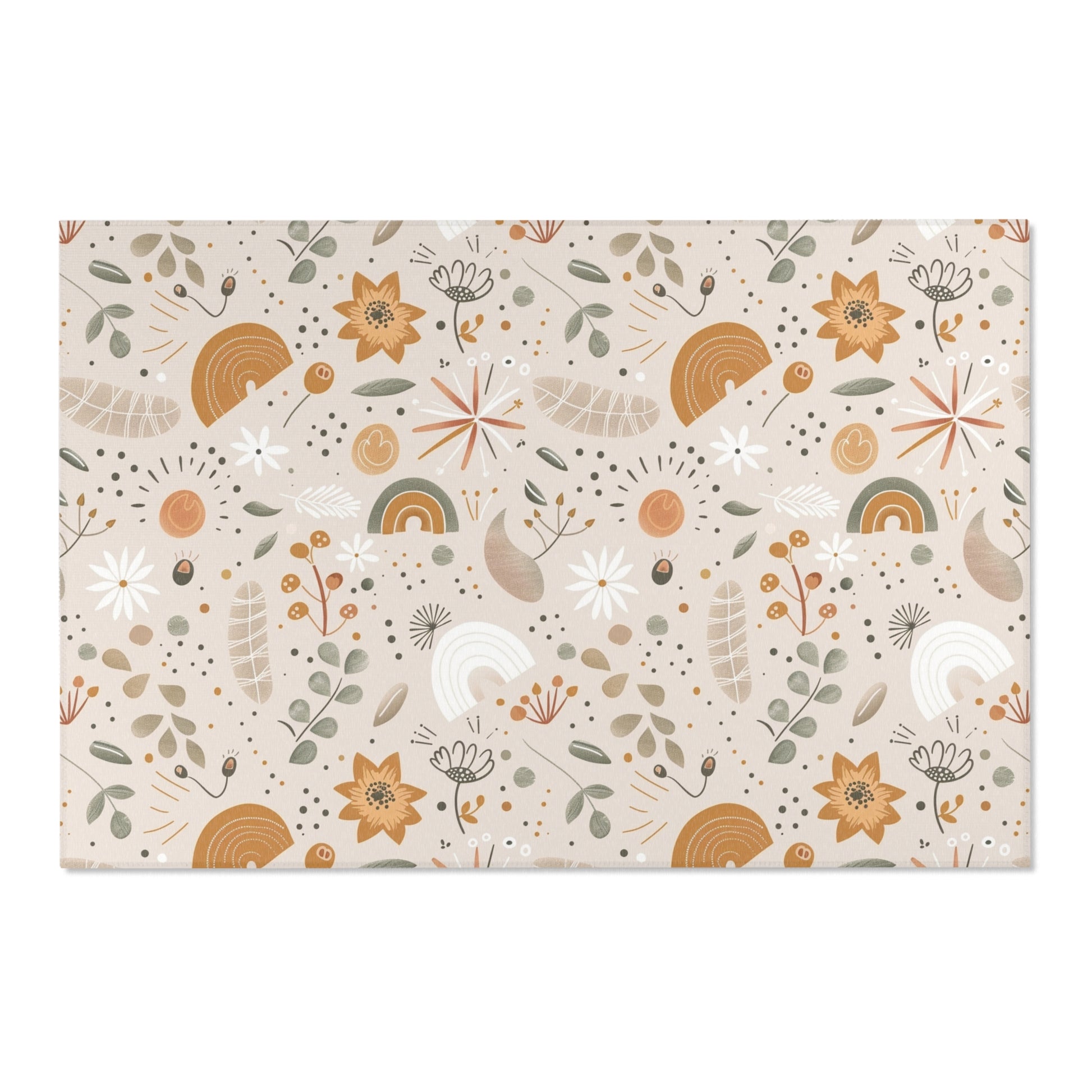Low pile nursery rug with ochre flowers and small rainbows