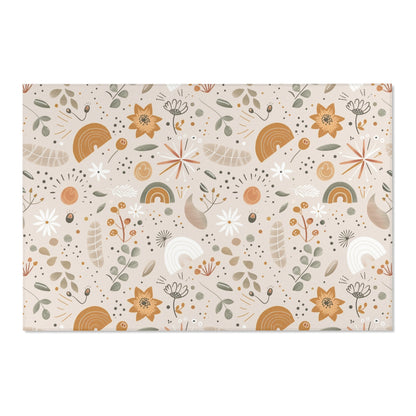 Low pile nursery rug with ochre flowers and small rainbows