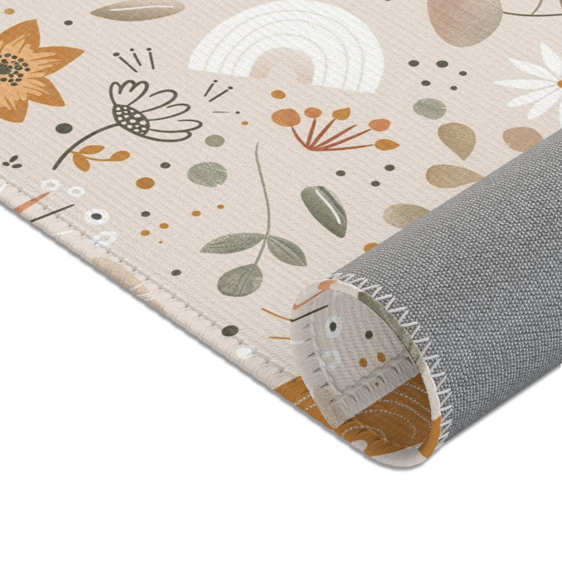 Sunflowers, daisies and rainbows printed across the area rug