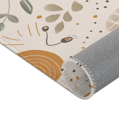 Nursery area rug in an ochre, sage and oat palette
