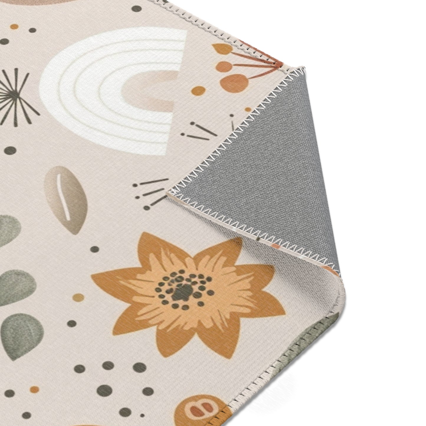 Wildflower Rainbow rug print detail in ochre and sage