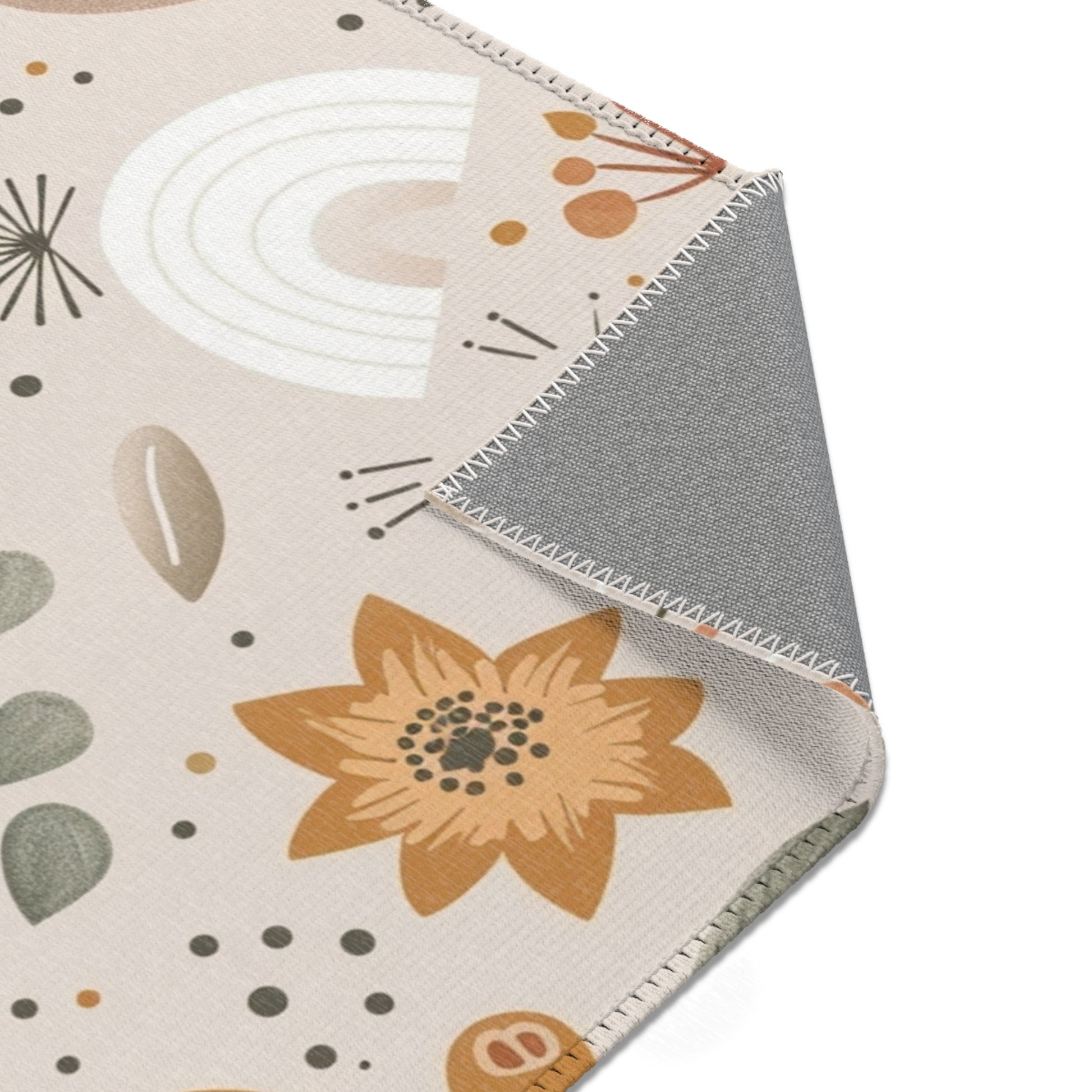 Wildflower Rainbow rug print detail in ochre and sage