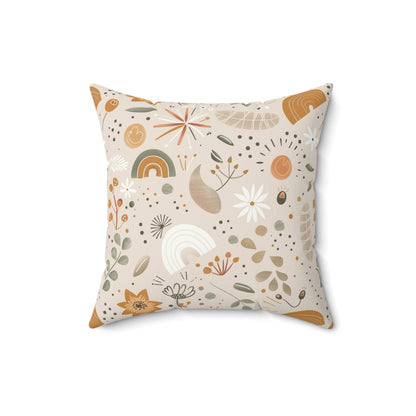 Faux suede nursery pillow with ochre flowers and rainbows