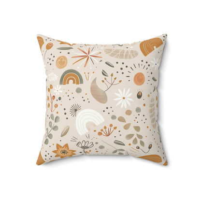 Close detail of the daisy and seed head print on the faux suede pillow