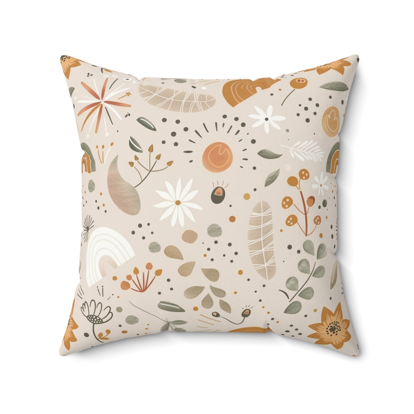 Faux suede pillow with sunflowers, daisies and sage leaves