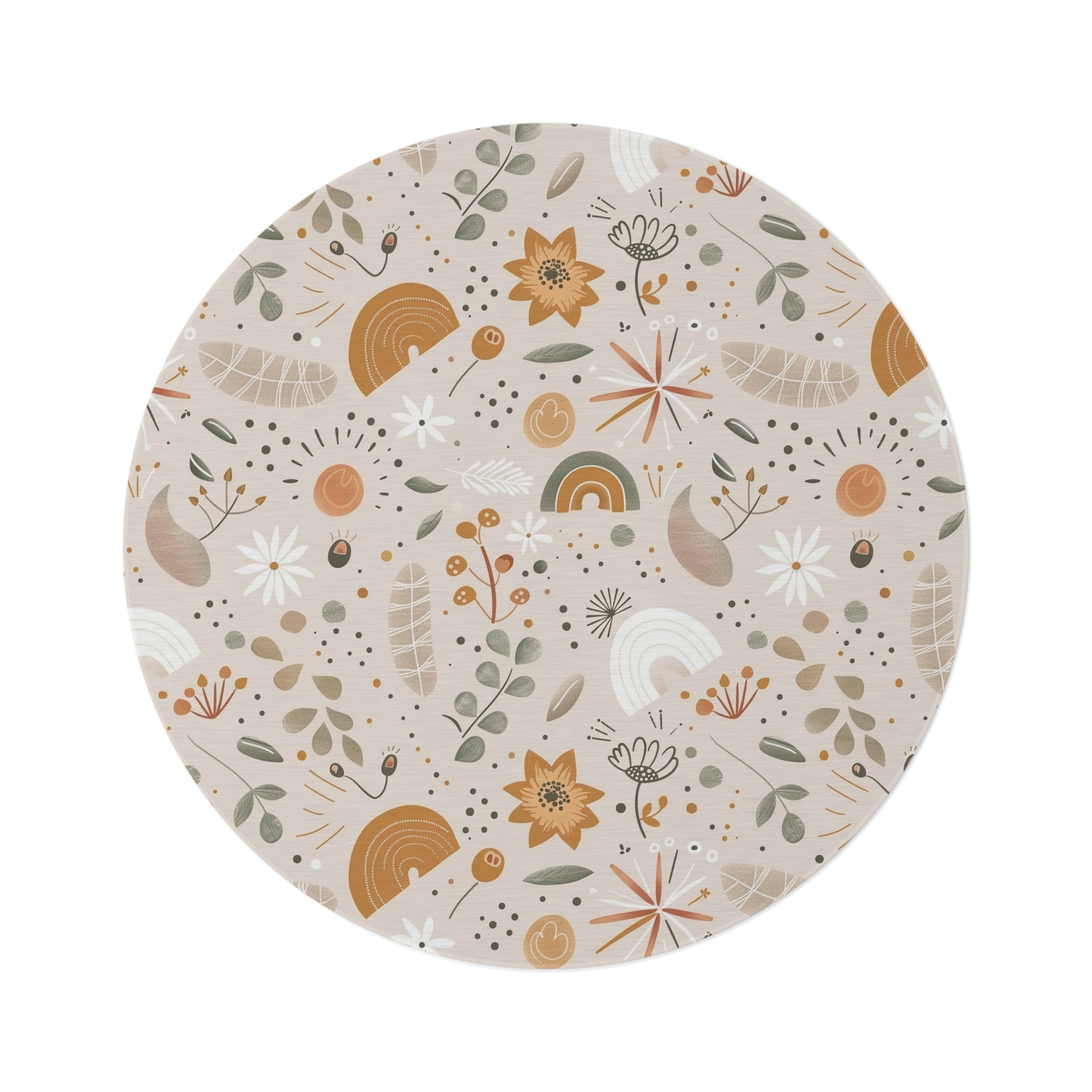 Wildflower Rainbow round nursery rug on a baby room floor