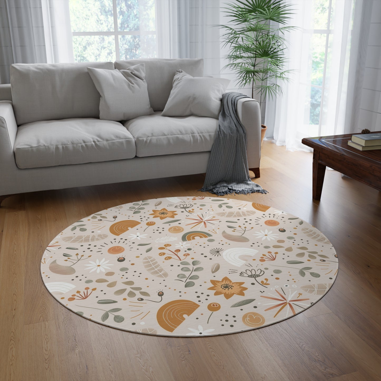 Wildflower Rainbow round rug, 60 inches across, in ochre and sage