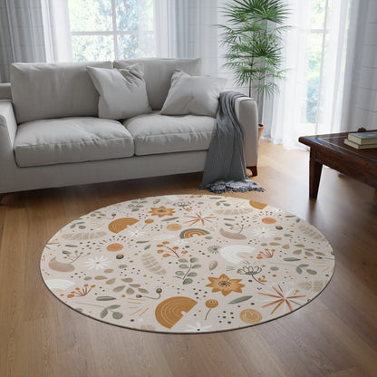 Wildflower Rainbow round rug, 60 inches across, in ochre and sage